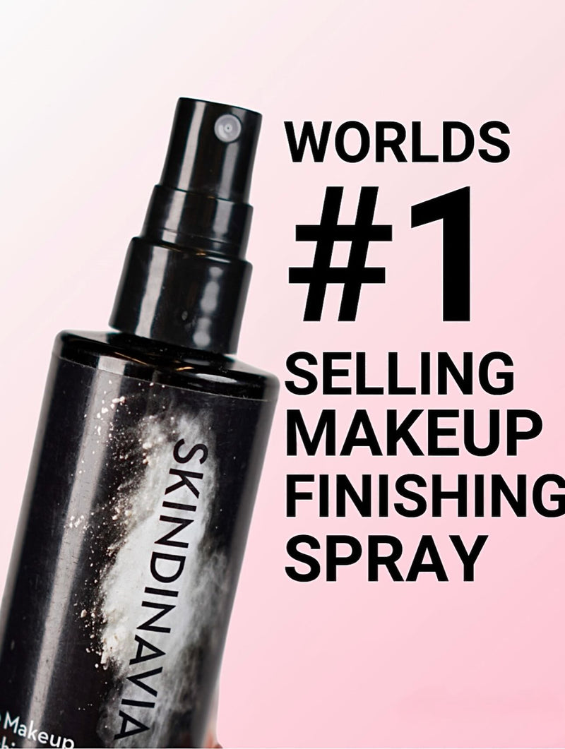 Skindinavia makeup finishing spray bottle with text on a pink background
