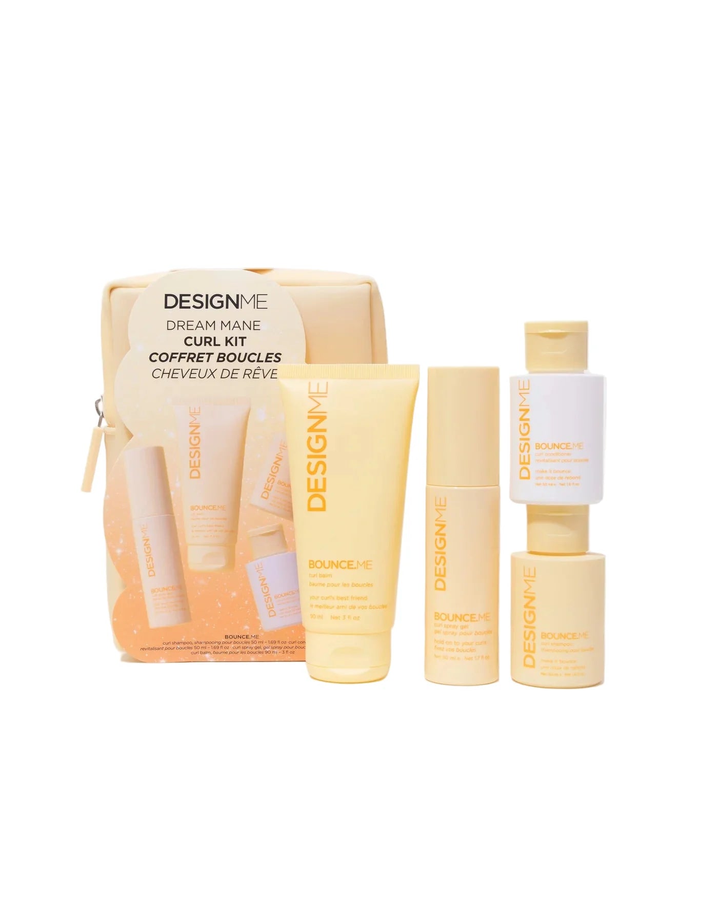 Design.Me Dream Mane Curl Kit with bottles and packaging on a white background