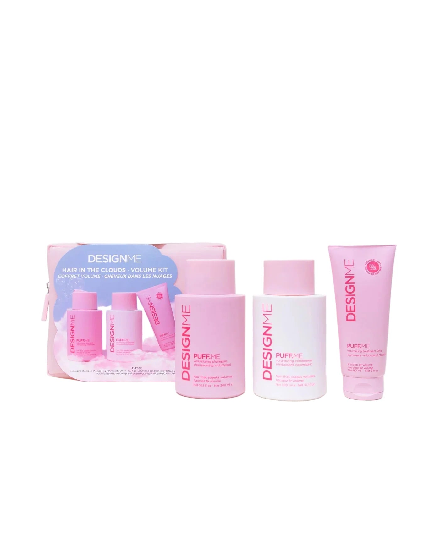 Set of puff.me volume care products with packaging on a white background
